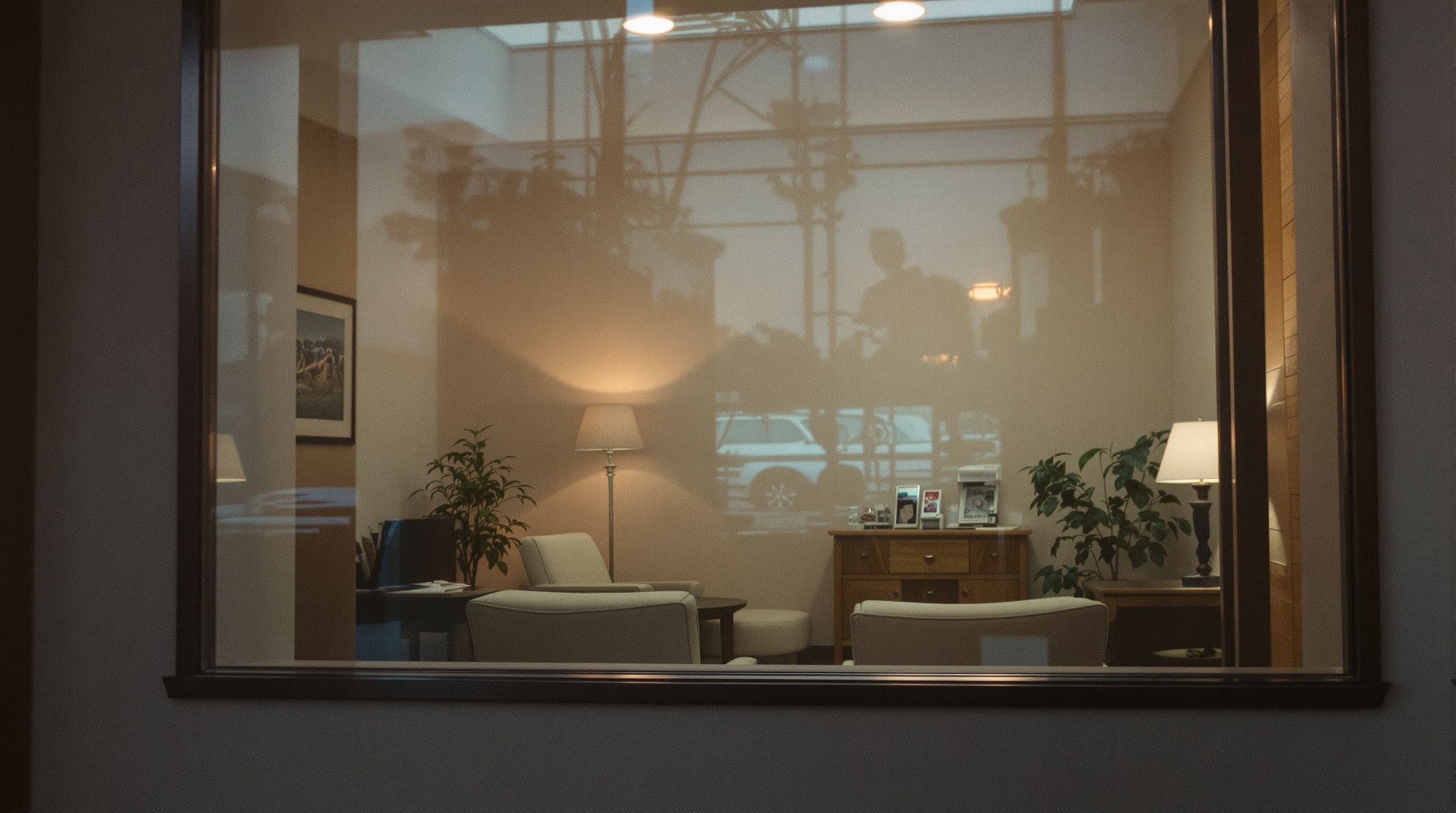 A ground-floor office seen through its window at blue hour