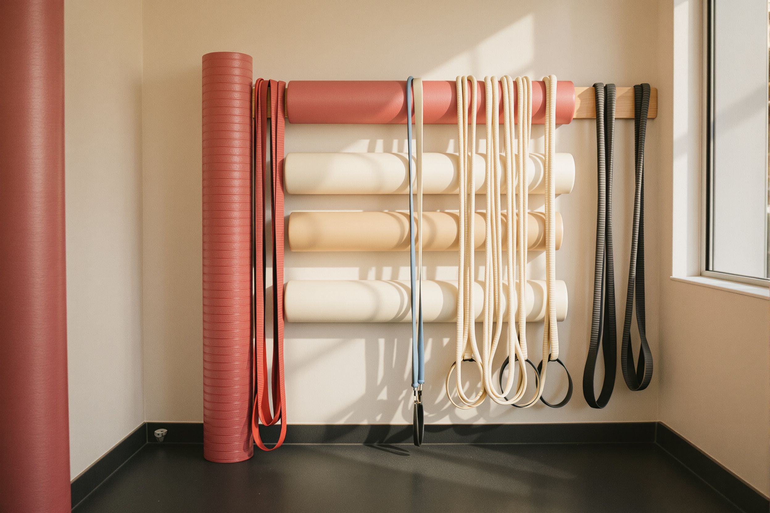 Foam rollers and resistance bands on a wall rack