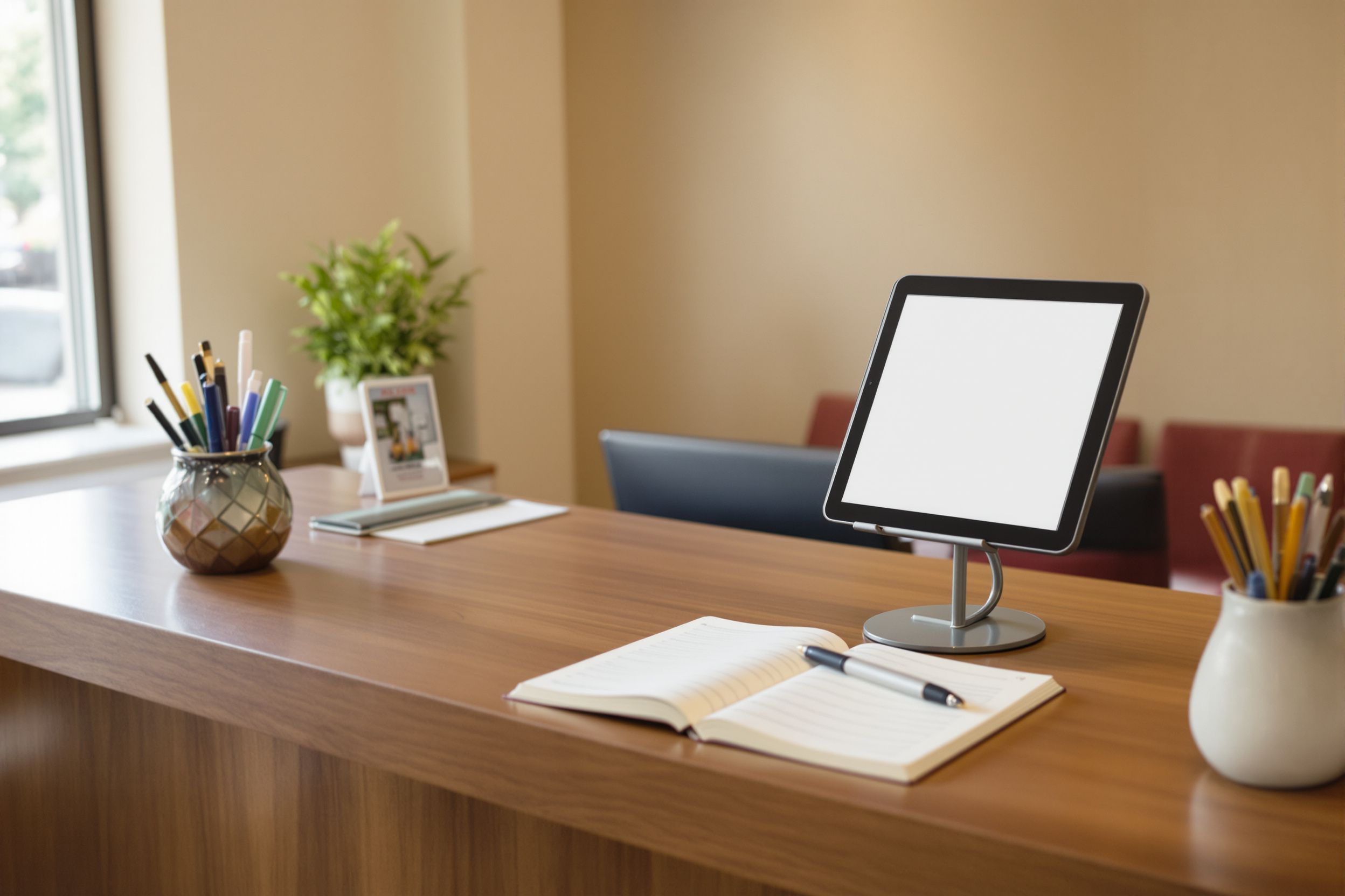 A clinic front desk with an open appointment book and a tablet