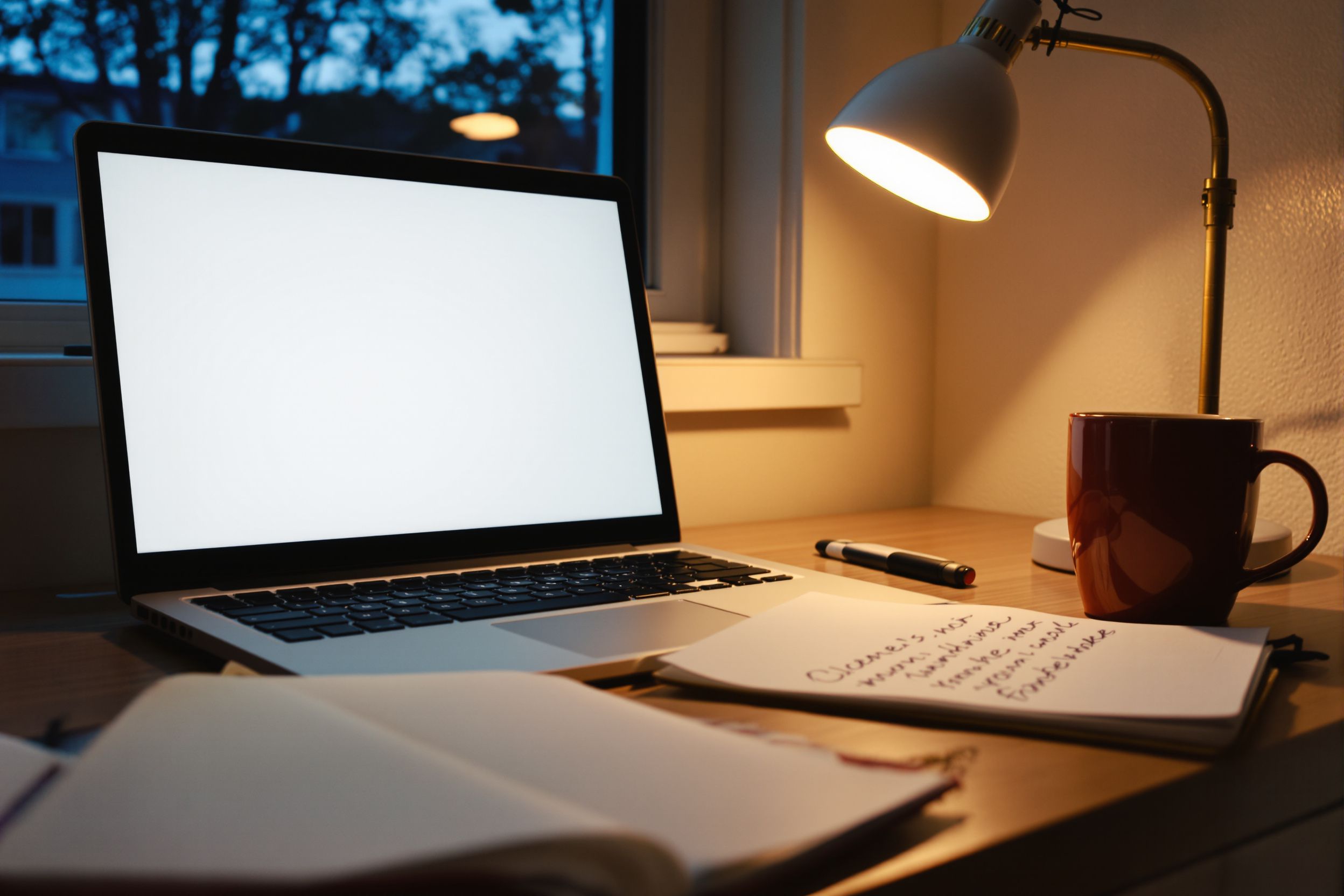 A laptop and notebook on a desk under a lamp in the evening