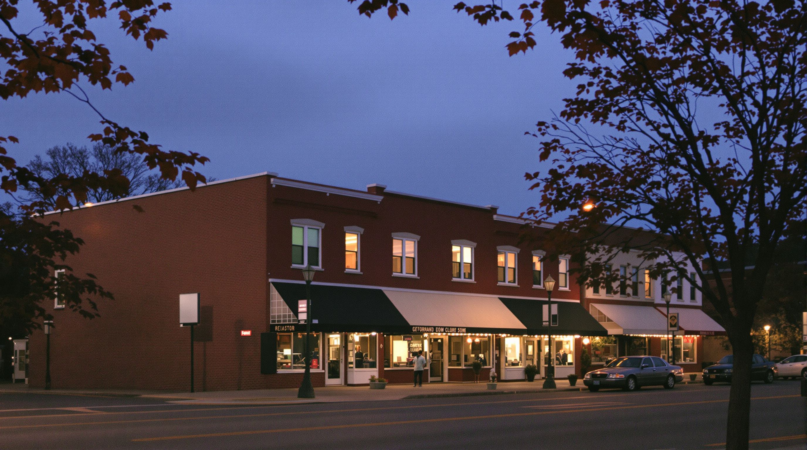 Brick storefront offices on a small-town main street at dusk