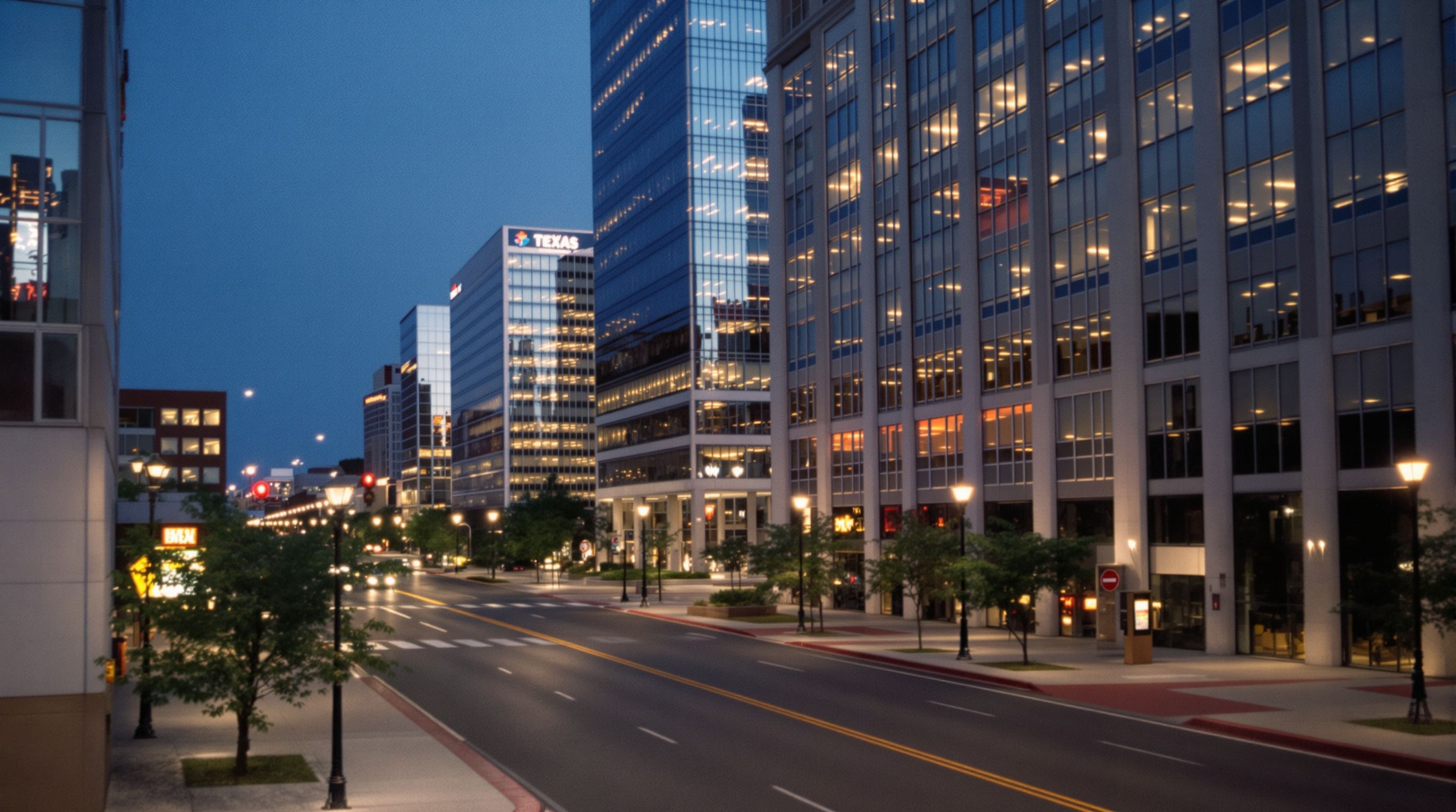 A downtown street in a Texas city at dusk