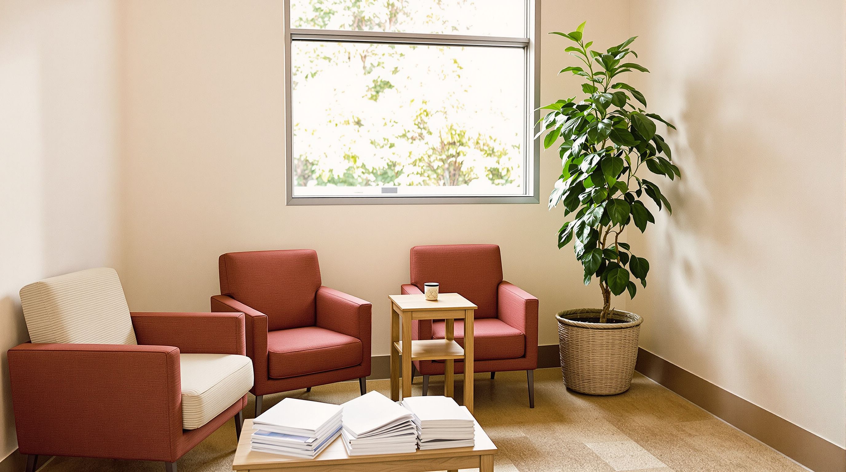 A quiet waiting area with upholstered chairs and a large window